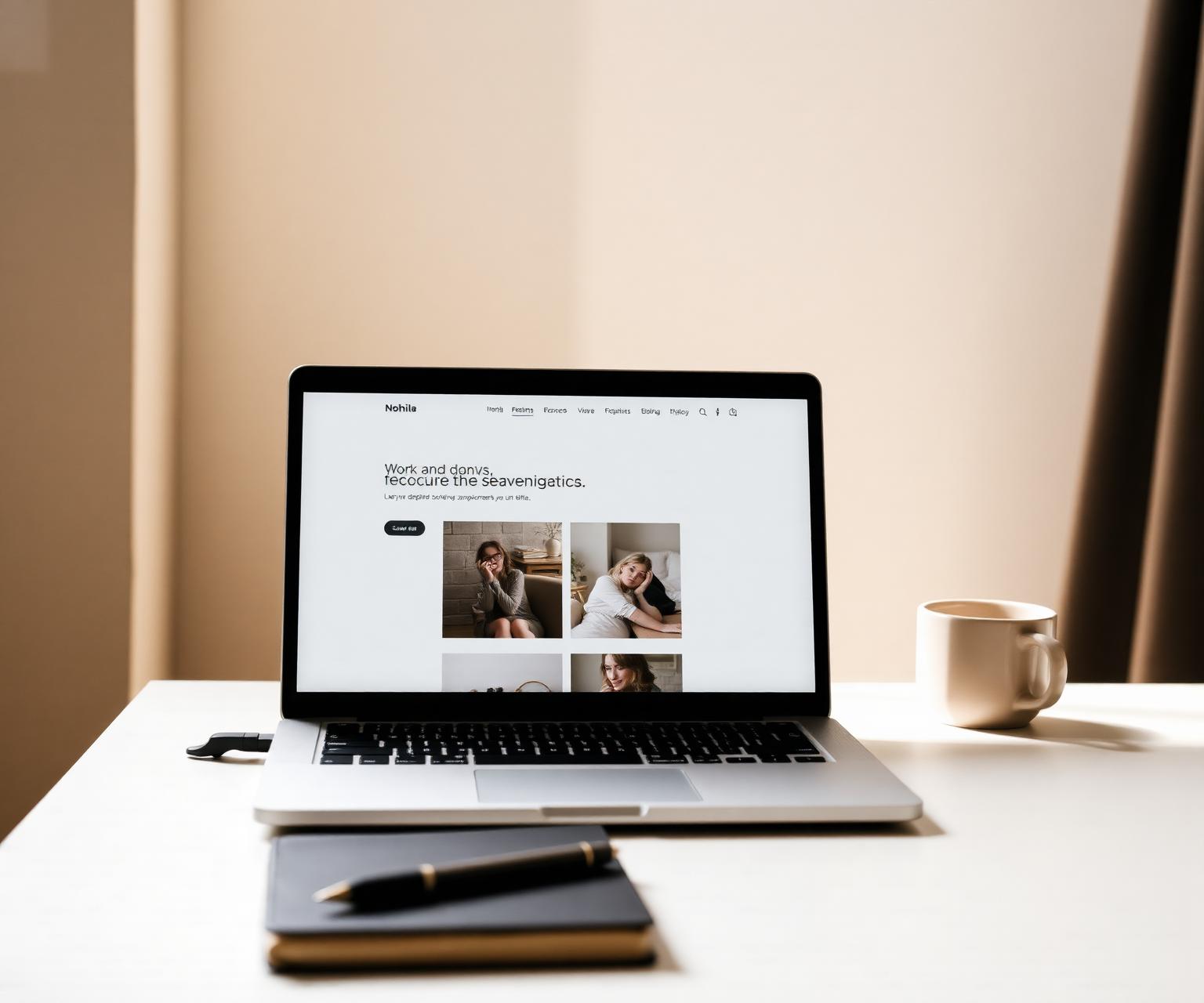 Modern laptop on a neutral workspace showing a clean website